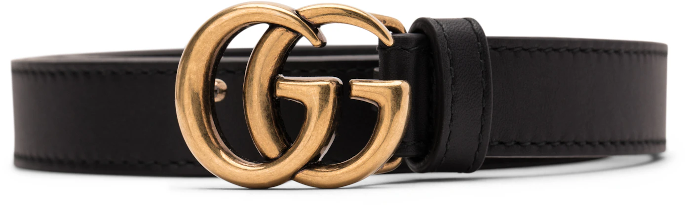 Gucci Double G Thin Leather Belt Antique Brass Buckle 0.8 Width Black ...