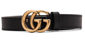 Gucci Double G Thin Leather Belt Antique Brass Buckle 0.8 Width Black