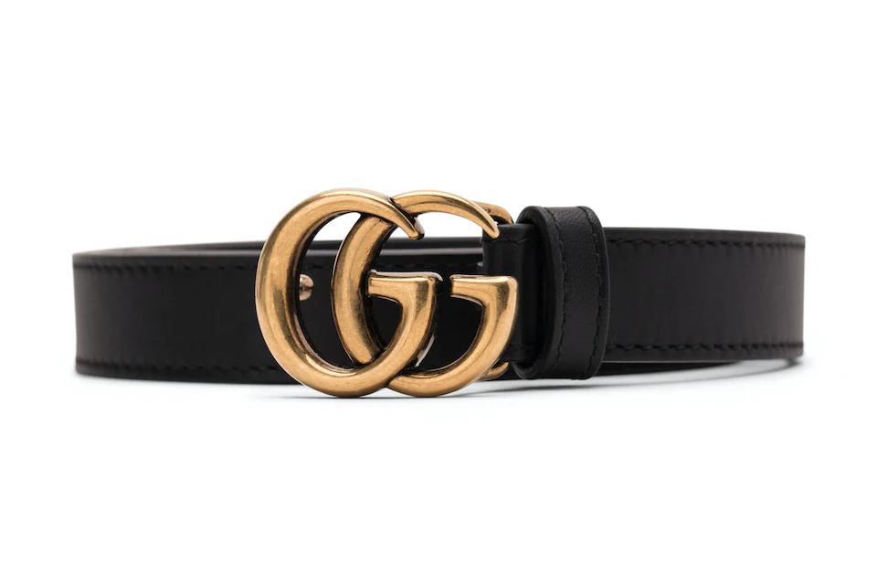 Gucci Double G Thin Leather Belt Antique Brass Buckle 0.8 Width Black