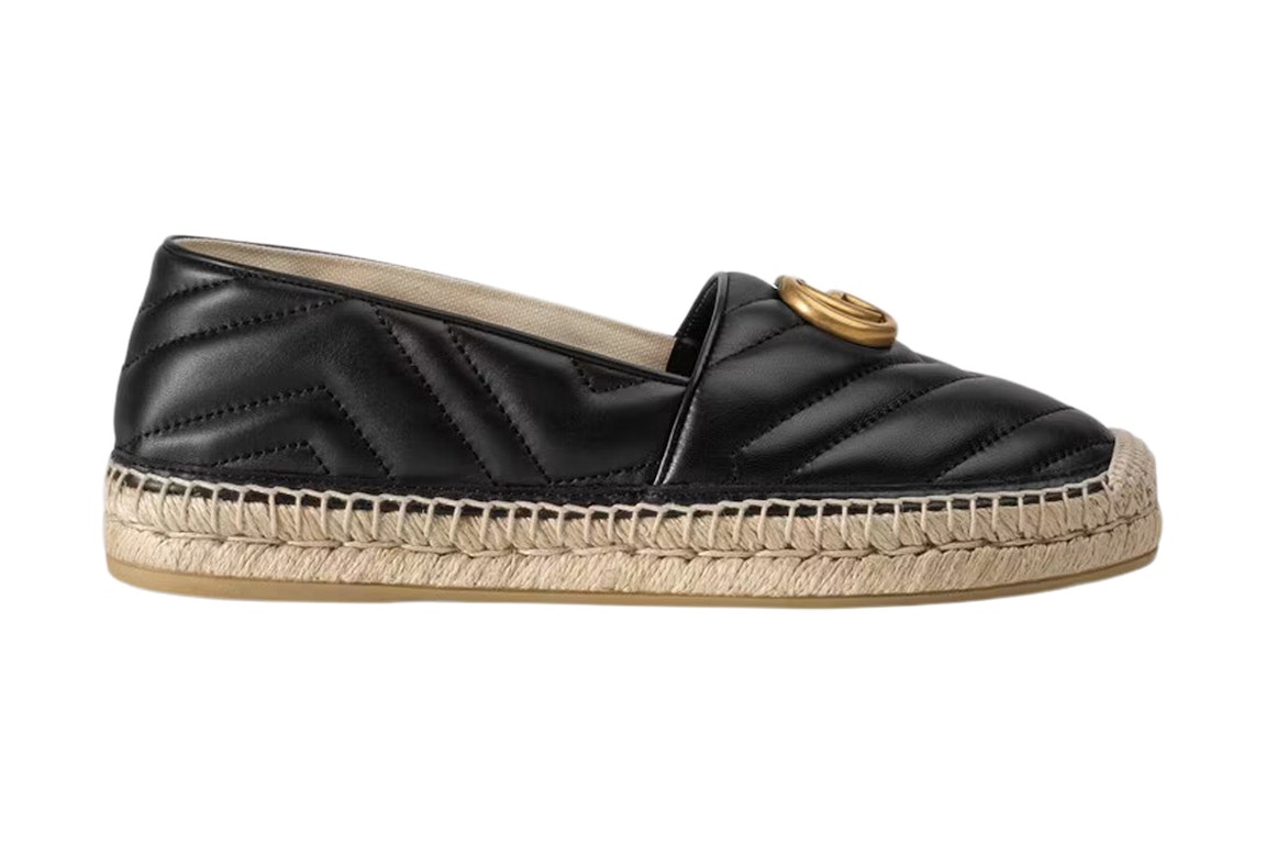Pre-owned Gucci Double G Espadrille Black Leather In Black/beige/gold