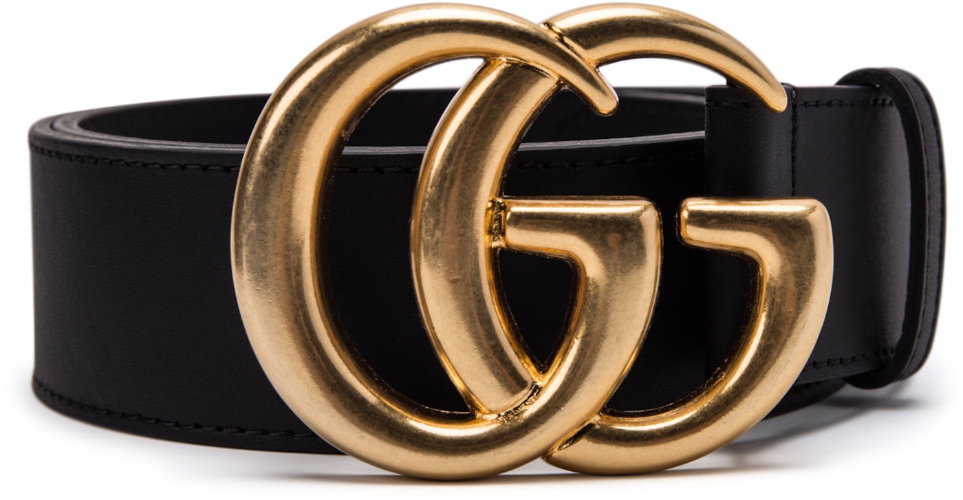 Gucci G Wide Leather Belt Antique Brass Buckle 1.5 Width Black in Smooth Leather with Antique Brass