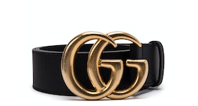 Gucci Double G Wide Leather Belt Antique Brass Buckle 1.5 Width Black