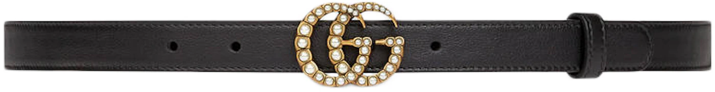 Gucci Double G Thin Leather Belt Pearl Buckle 0.8 Width Black in Smooth  Leather with Gold-Tone - US
