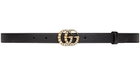 Gucci Double G Thin Leather Belt Pearl Buckle 0.8 Width Black