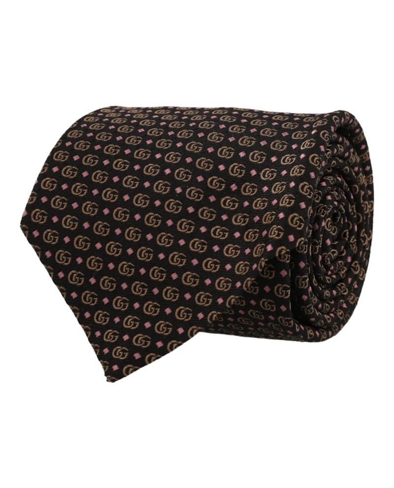 Pre-owned Gucci Men's  Double G Silk Jacquard Tie In Dark Brown Pink