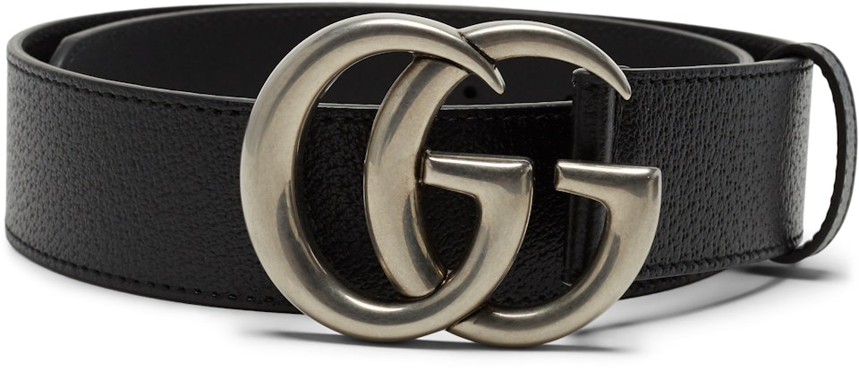 Gucci Double G Silver Buckle Textured Leather Belt 1.5 Black in Calfskin with Aged Silver-Tone -