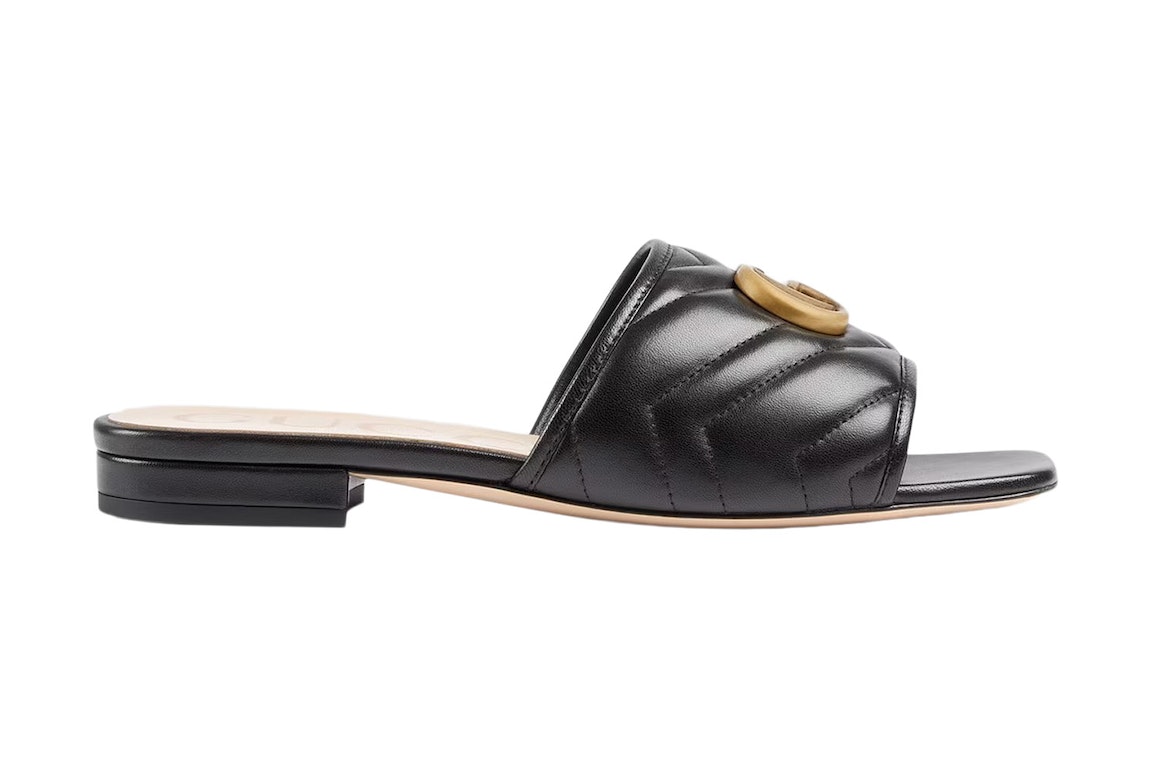 Pre-owned Gucci Double G Slide Sandal Black Leather In Black/gold