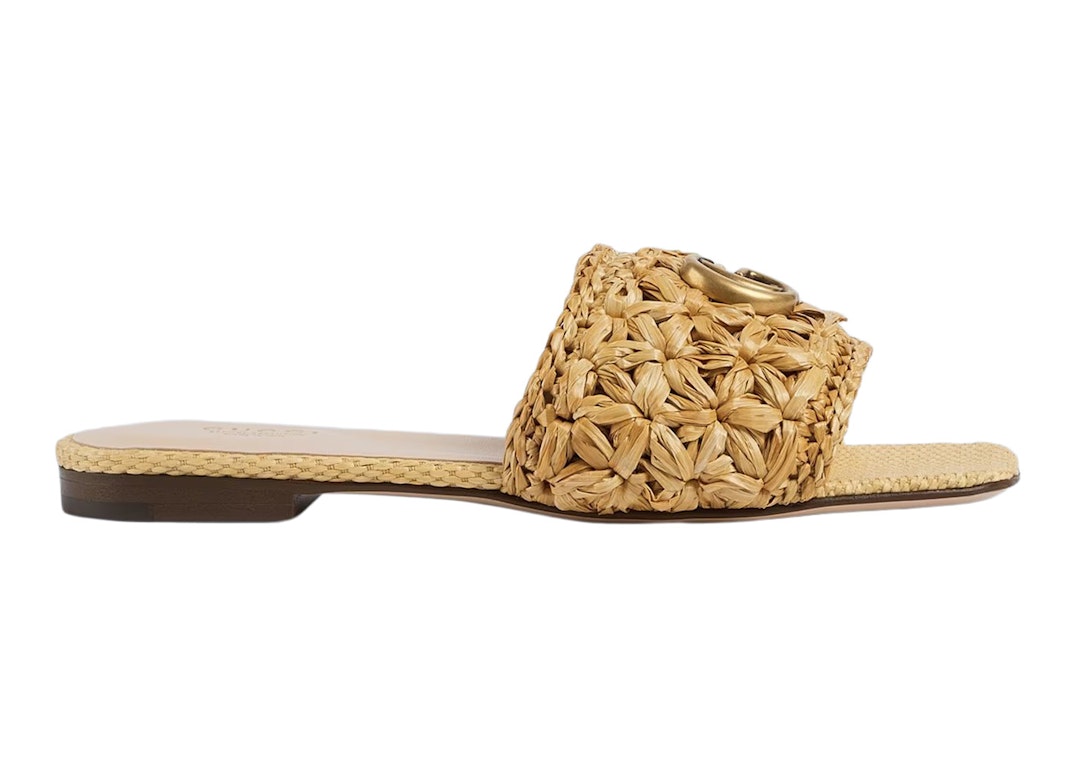 Pre-owned Gucci Double G Slide Sandal Woven Raffia In Beige/gold