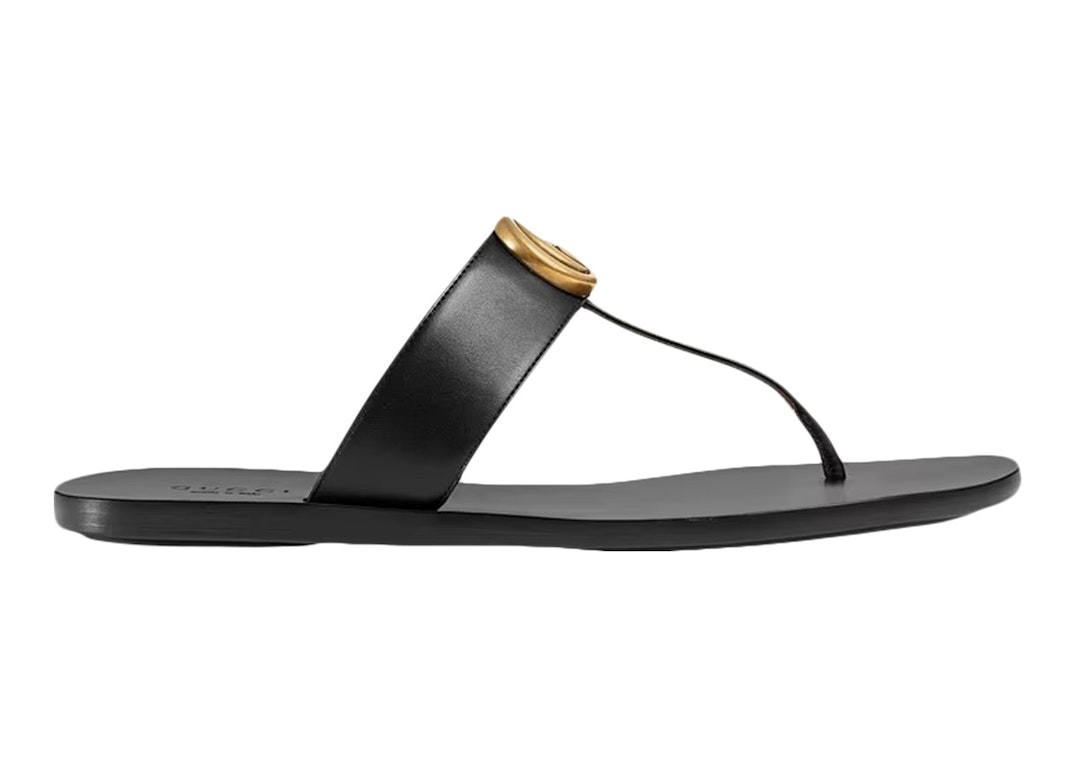 Pre-owned Gucci Double G Thong Sandal Black Leather In Black/gold