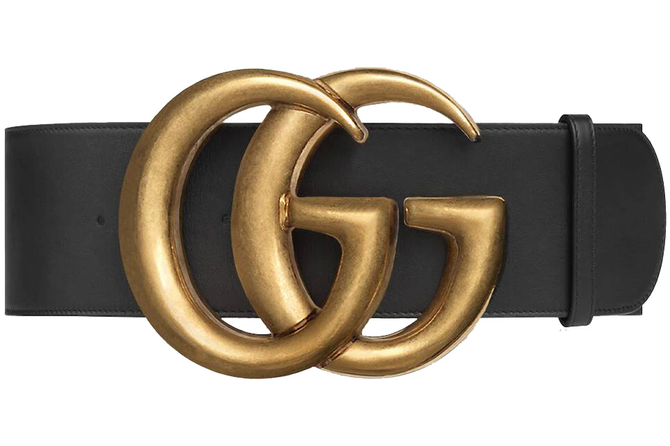 Gucci Double G Wide Leather Belt Antique Brass Buckle 2.75 Width Black