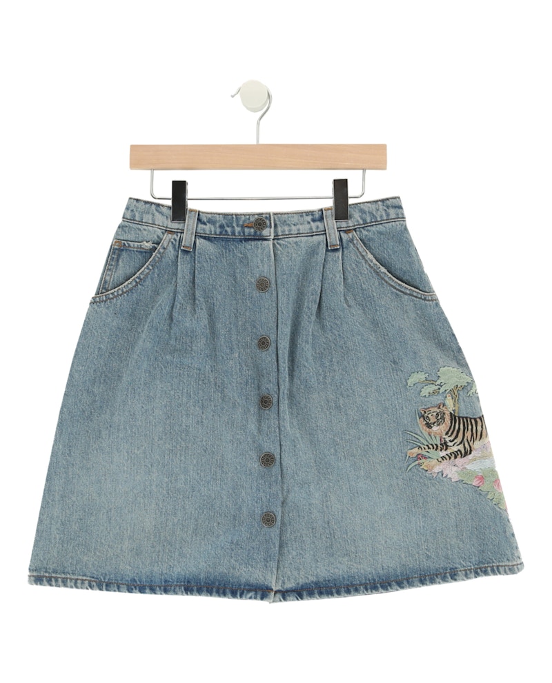 Pre-owned Gucci Embroidered Denim Skirt In Blue