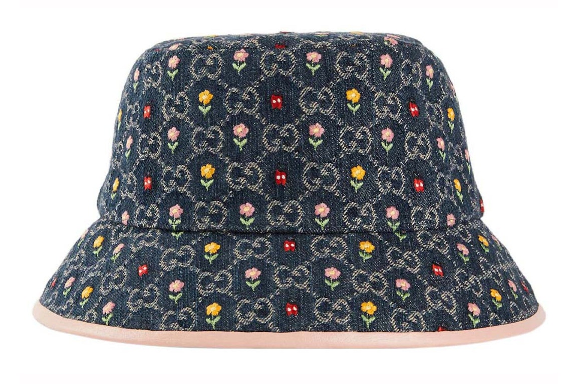 Pre-owned Gucci Embroidered Flower Denim Bucket Hat Blue Multi
