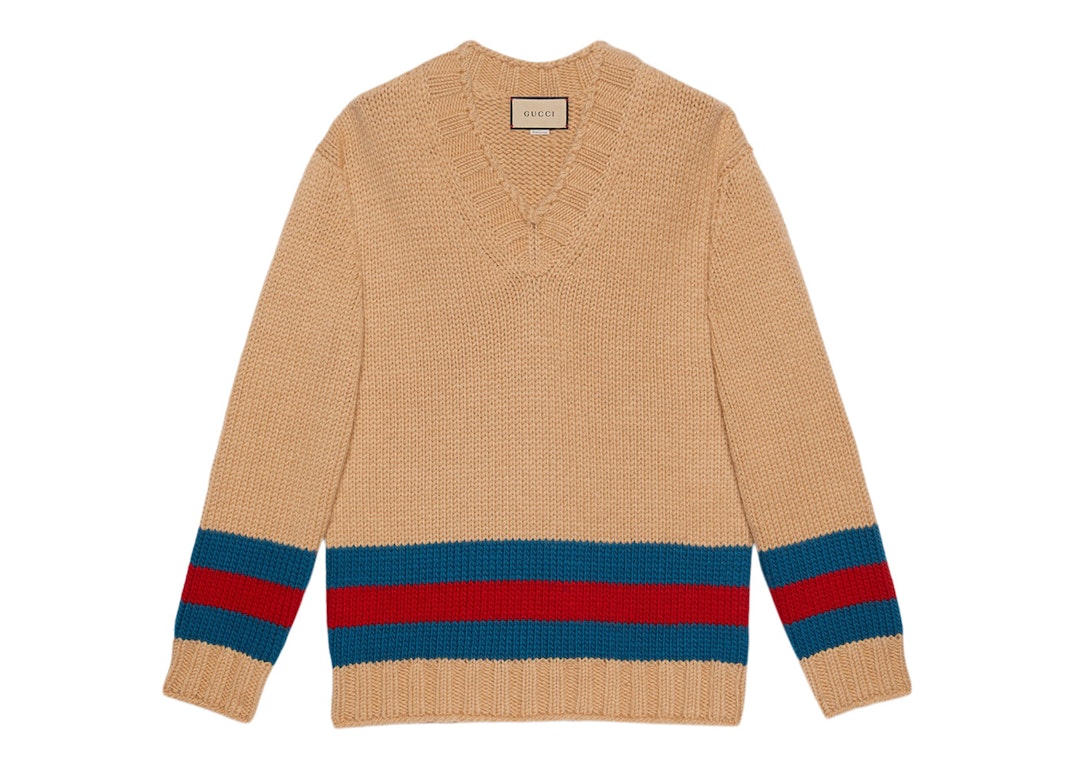 Pre-owned Gucci Fine Mohair Wool Webbed Sweater Camel/red/green