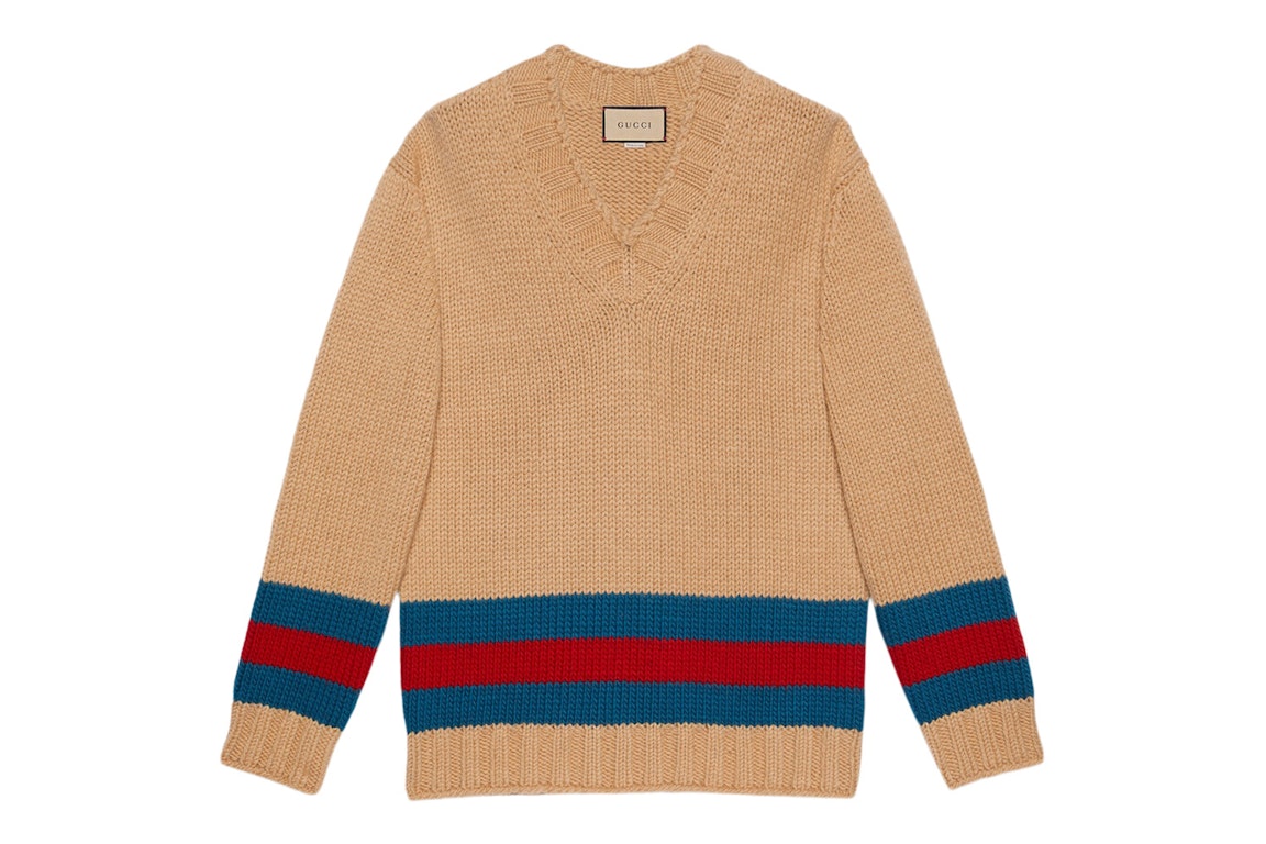 Pre-owned Gucci Fine Mohair Wool Webbed Sweater Camel/red/green