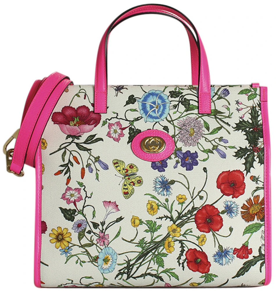 Gucci Flora Tote Medium Pink Multicolor in Canvas/Leather with Antique ...
