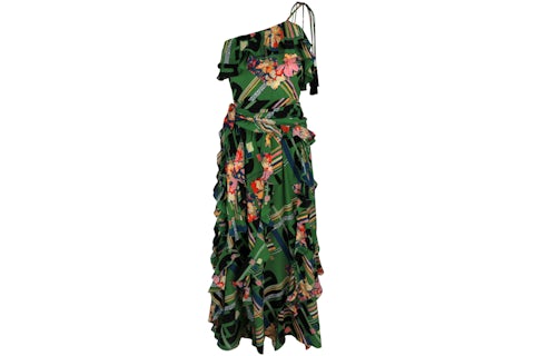 Gucci Floral Check-Print Ruffled Silk-Crepe Dress Green Black - US Gucci Floral Check-Print Ruffled Silk-Crepe Dress Green Black - US