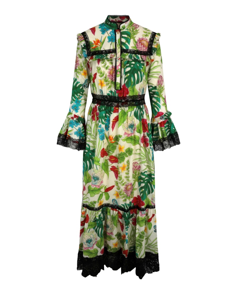 ワンピース Gucci floral print muslin long dress Gucci Floral-Print Lace-Trim Muslin Dress Multi - US