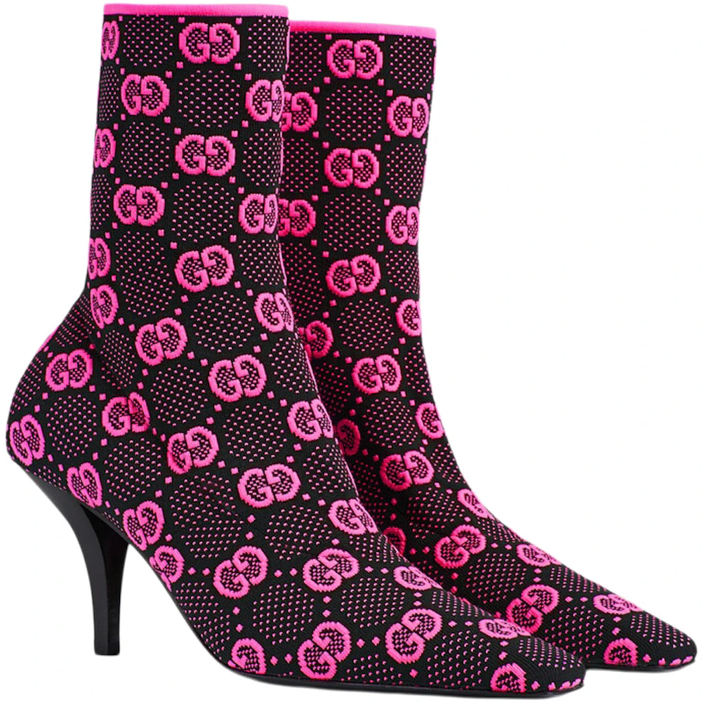 Gucci GG 75mm Knit Ankle Boots Black Fluorescent Pink Fabric - 718378 ...
