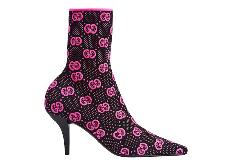 Gucci GG 75mm Knit Ankle Boots Black Fluorescent Pink Fabric