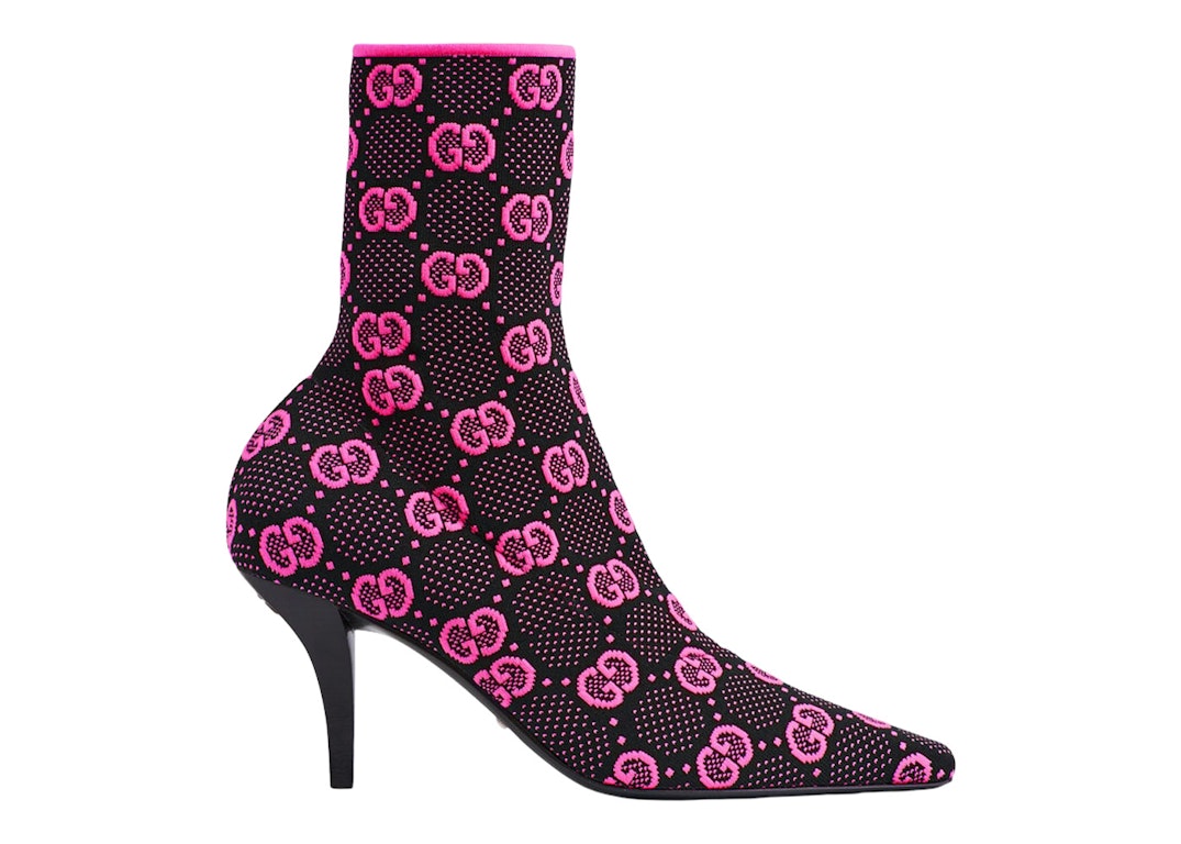 Pre-owned Gucci Gg 75mm Knit Ankle Boots Black Fluorescent Pink Fabric In Black/fluorescent Pink