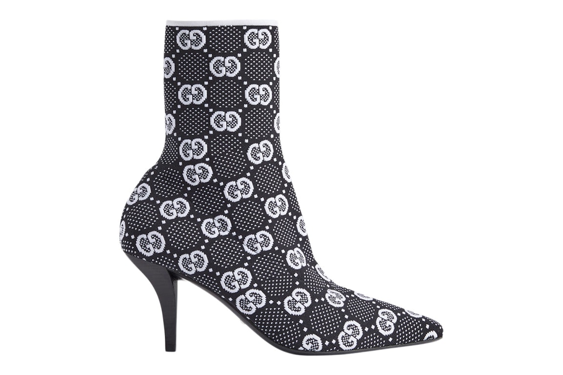 Pre-owned Gucci Gg 75mm Knit Ankle Boots Black White Fabric In Black/white