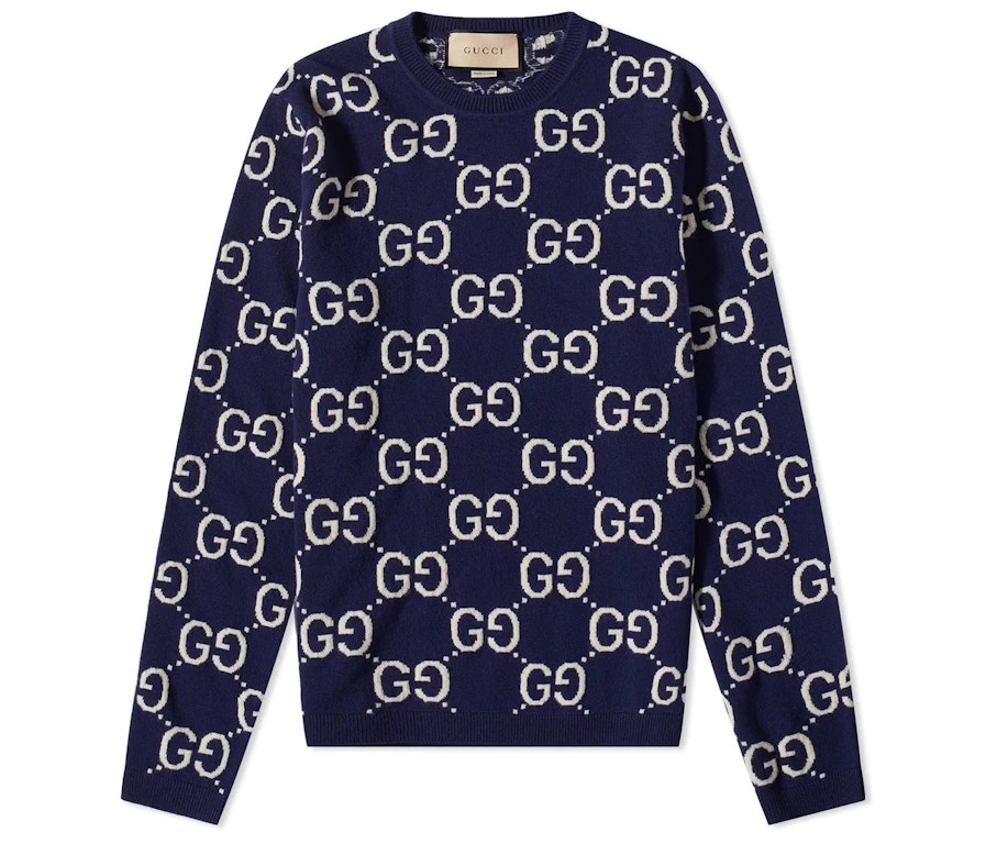 Pre-owned Gucci Gg All Over Crewneck Sweater Navy