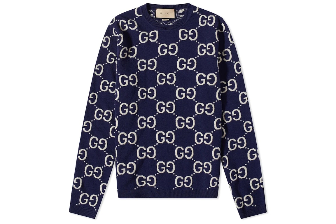 Pre-owned Gucci Gg All Over Crewneck Sweater Navy