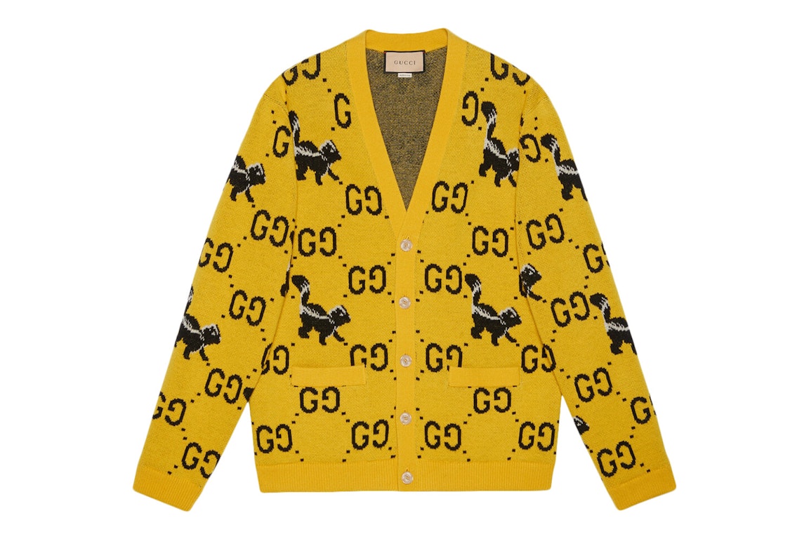 Pre-owned Gucci Gg And Skunk Jacquard Wool Knit Cardigan Yellow/black
