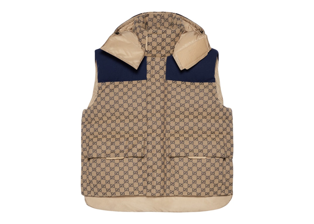 Pre-owned Gucci Gg Canvas Down Vest With Detachable Hood Beige/blue