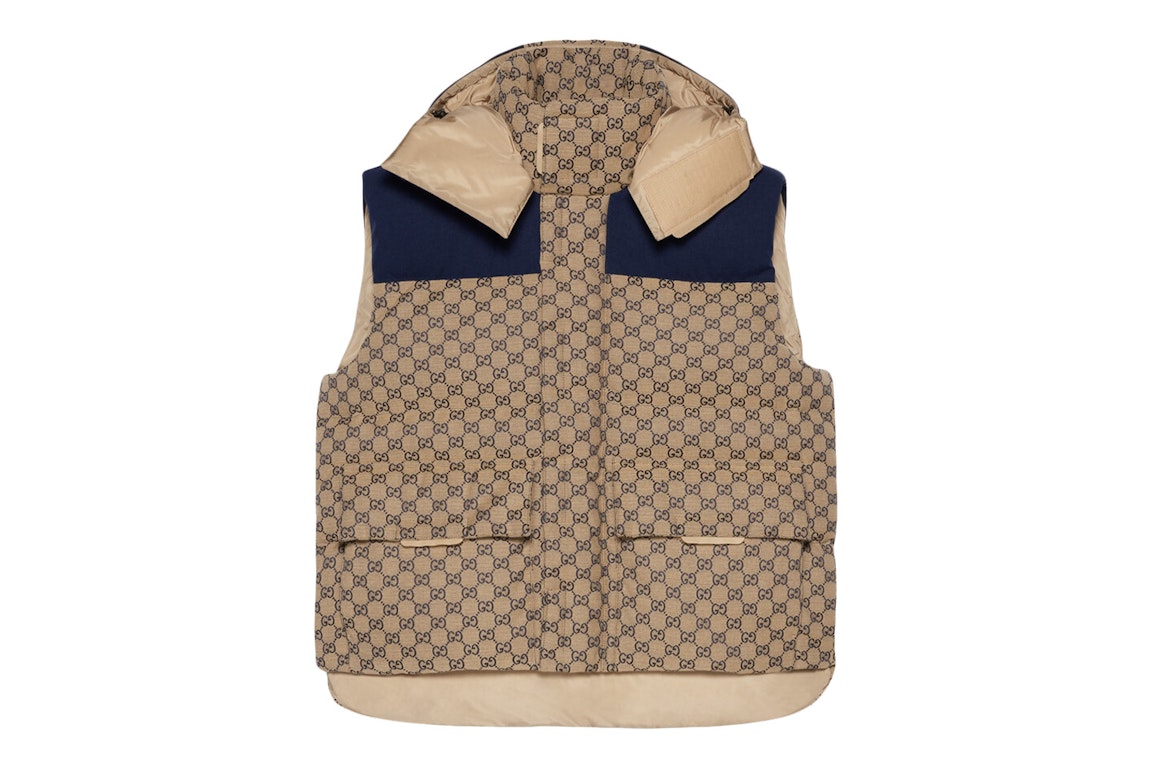 Pre-owned Gucci Gg Canvas Down Vest With Detachable Hood Beige/blue