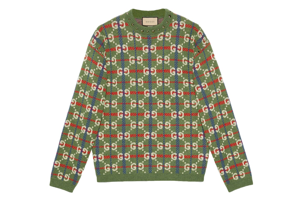 Pre-owned Gucci Gg Check Knit Wool Sweater Green/blue/white/red