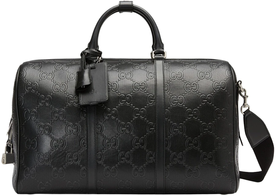 Gucci GG Embossed Duffle Bag Black in Leather with Silver-tone - US