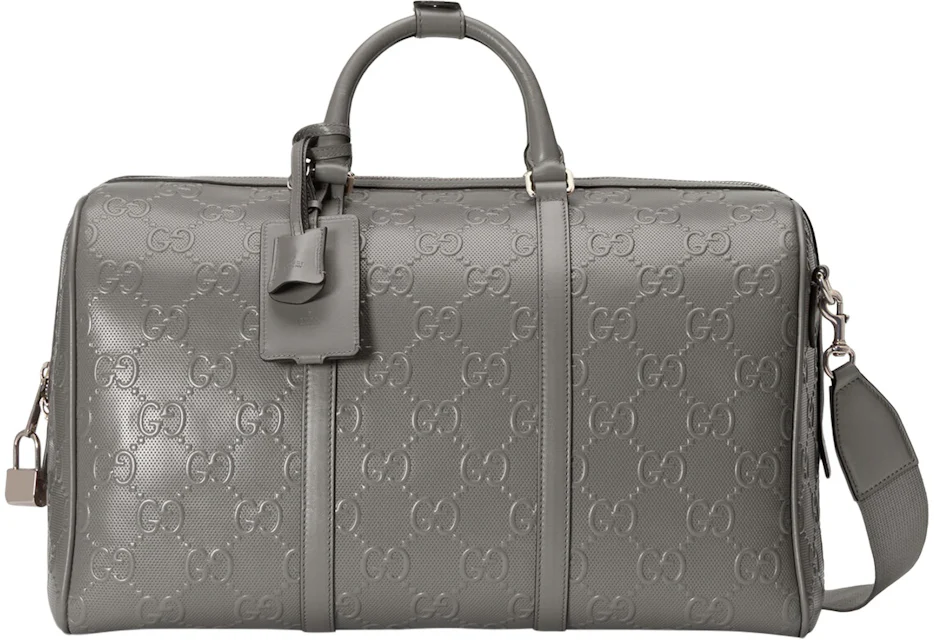 Gucci GG Embossed Duffle Bag Grey in Leather with Silver-tone - US