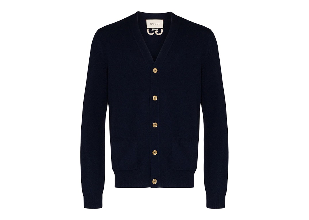 Pre-owned Gucci Gg Embroidered Logo Cardigan Navy