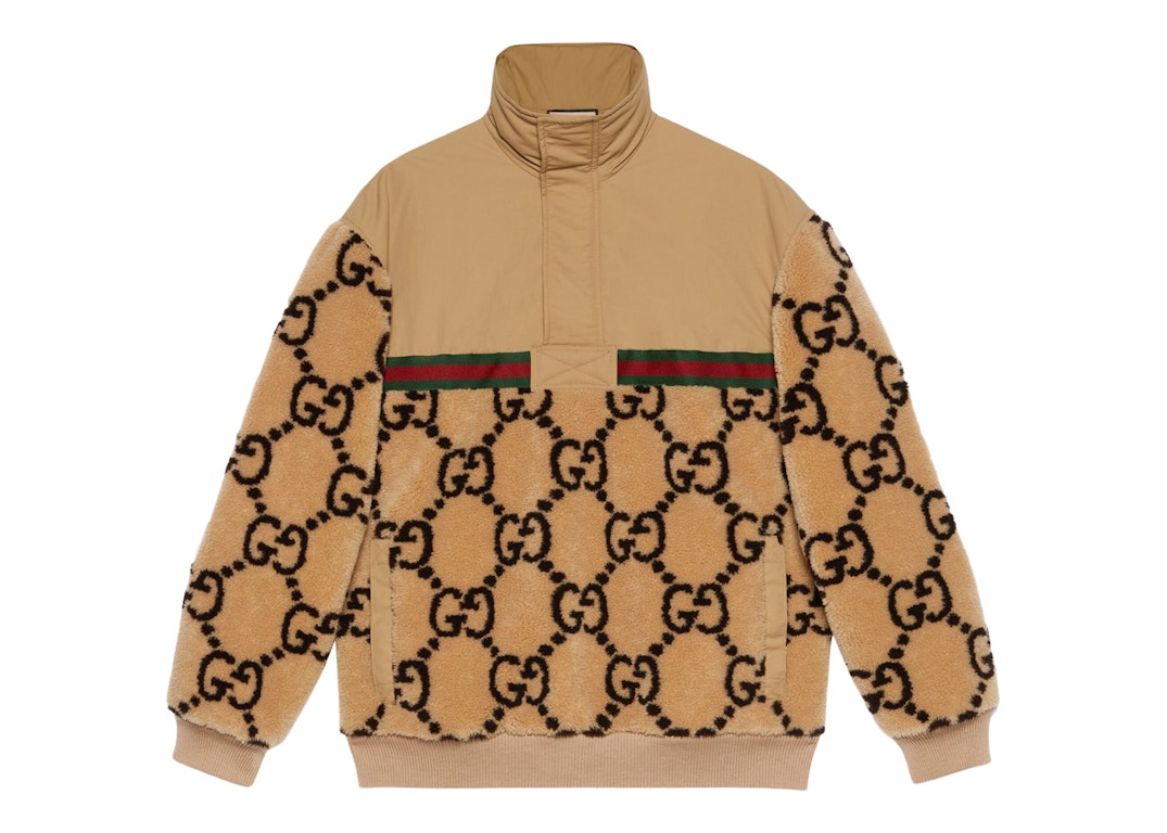 Pre-owned Gucci Gg Jacquard Oversized Half-zip Wool Jacket Beige/ebony/green/red