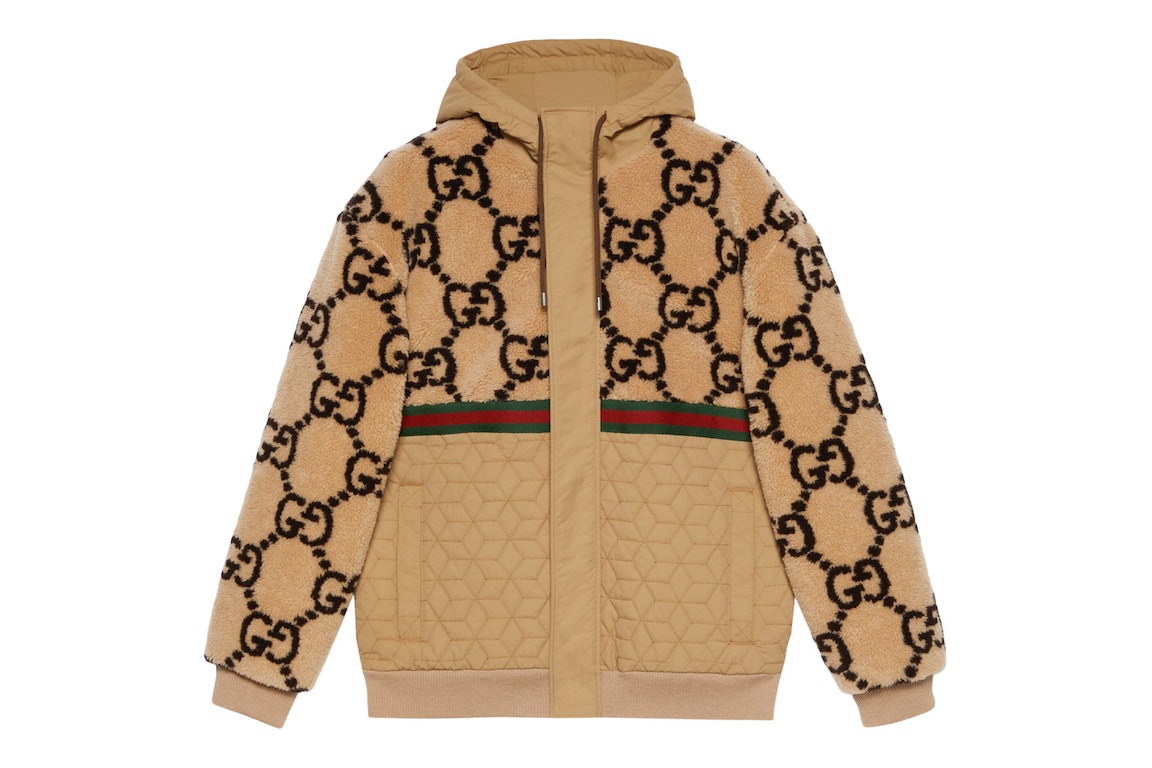 Pre-owned Gucci Gg Jacquard Oversized Hooded Wool Jacket Beige/ebony/green/red