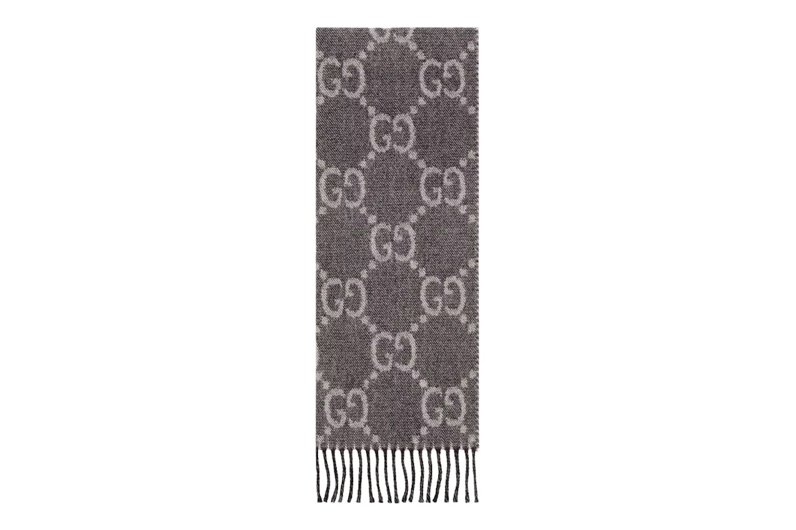 Pre-owned Gucci Gg Jacquard Pattern Knit Scarf With Tassels Grey/black