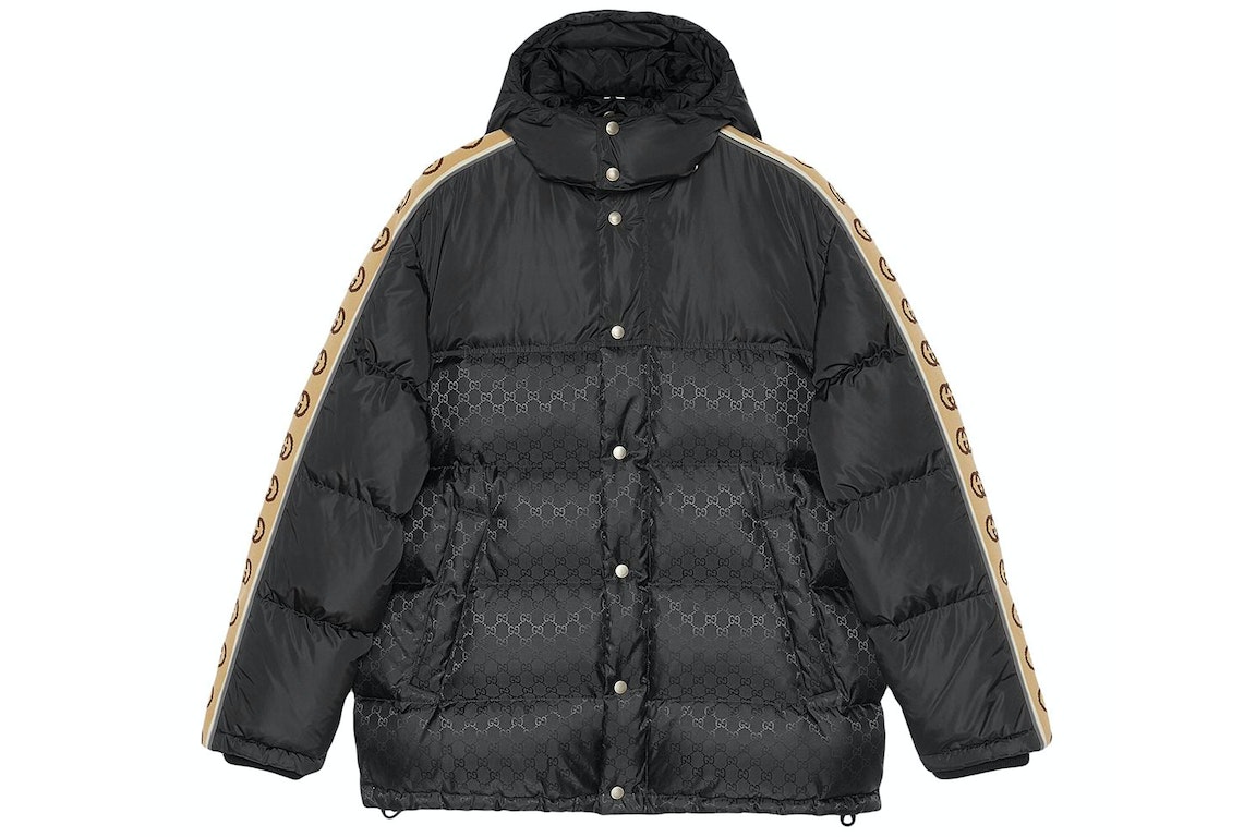 Pre-owned Gucci Gg Jacquard Tape Sleeve Down Jacket Black