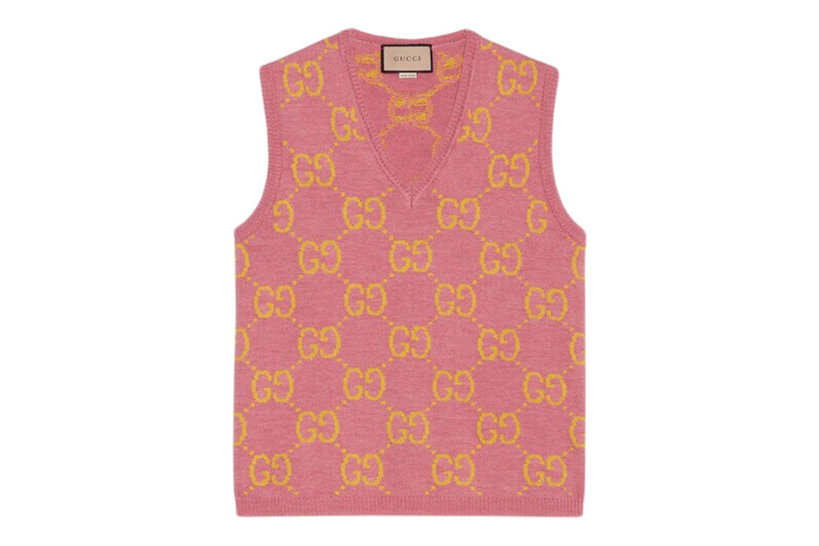 Pre-owned Gucci Gg Knitted Wool Vest Pink/yellow