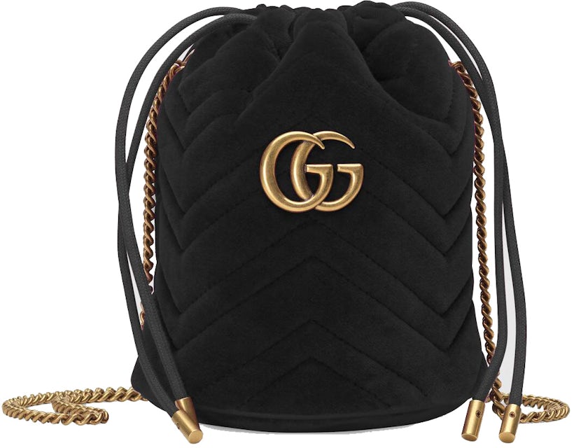 Gucci GG Marmont Bucket Bag Velvet Mini Black in Velvet with Antique  Gold-tone - US