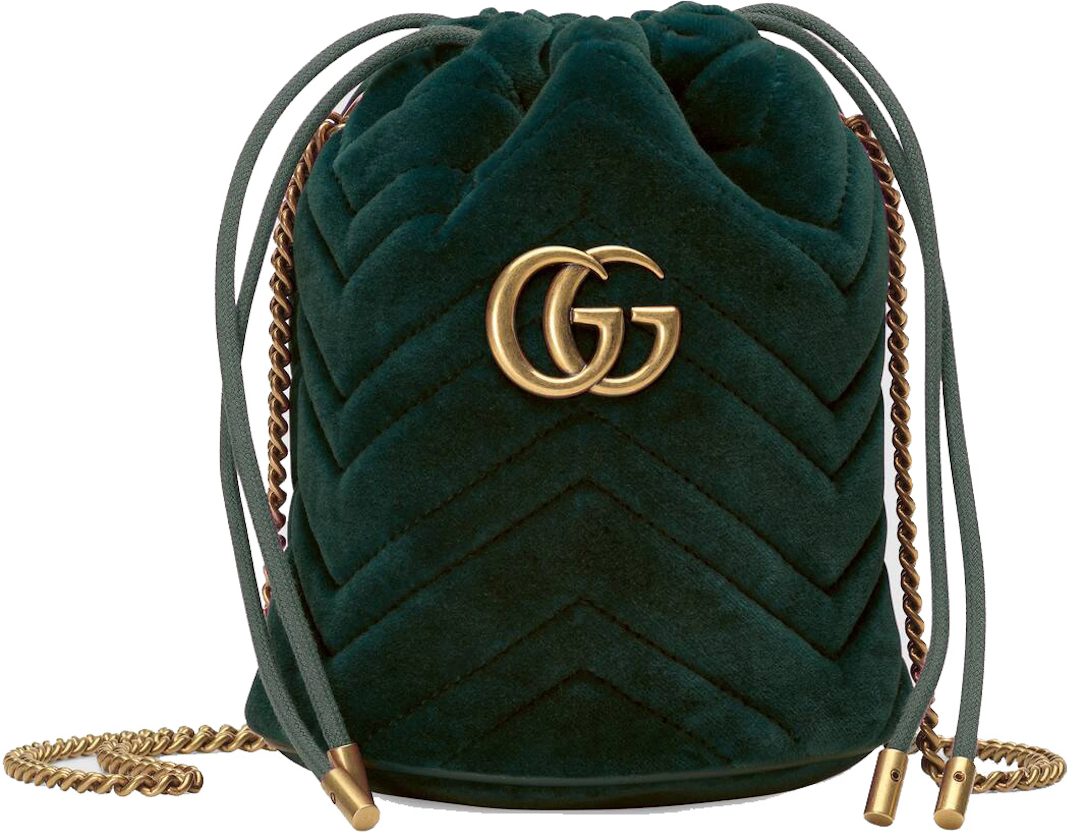 Gucci GG Marmont Bucket Bag Velvet Mini Dark Green in Velvet with Antique  Gold-tone - GB