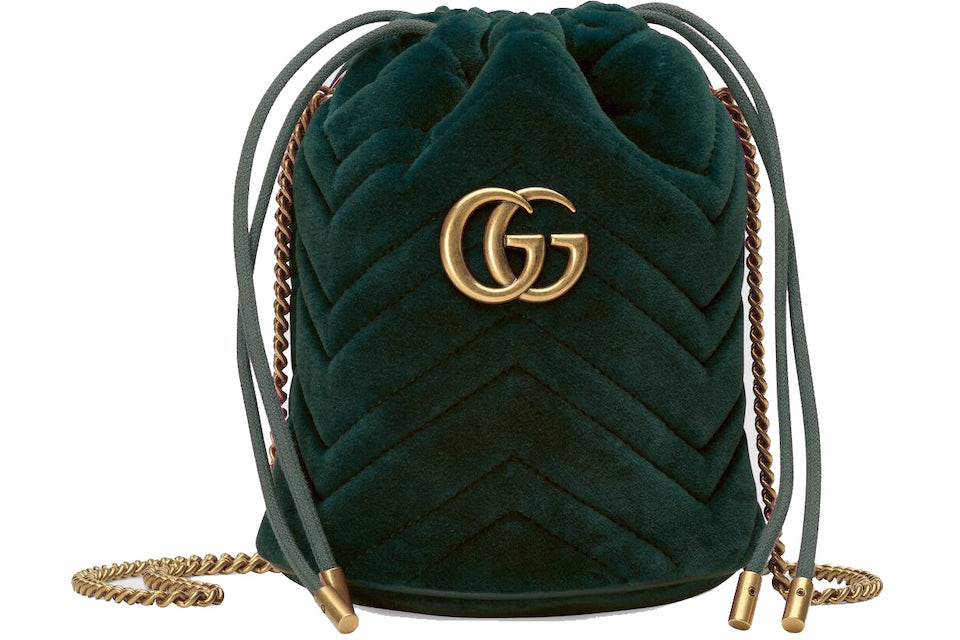 Gucci GG Marmont Bucket Bag Velvet Mini Dark Green in Velvet with Antique  Gold-tone - US