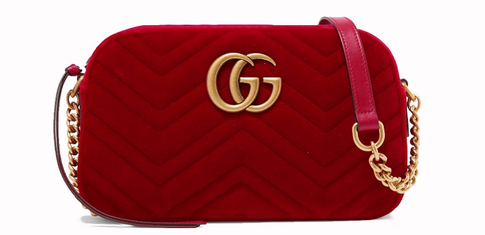 GUCCI Velvet Matelasse Small GG Marmont Shoulder Bag Hibiscus Red