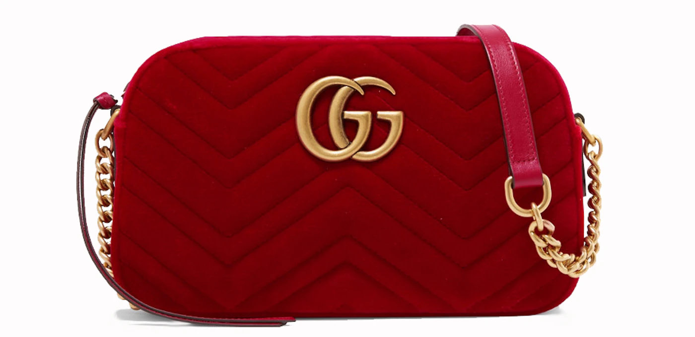 Gucci GG Marmont Bag Matelasse Velvet Small Hibiscus Red in Velvet with Gold-tone - US