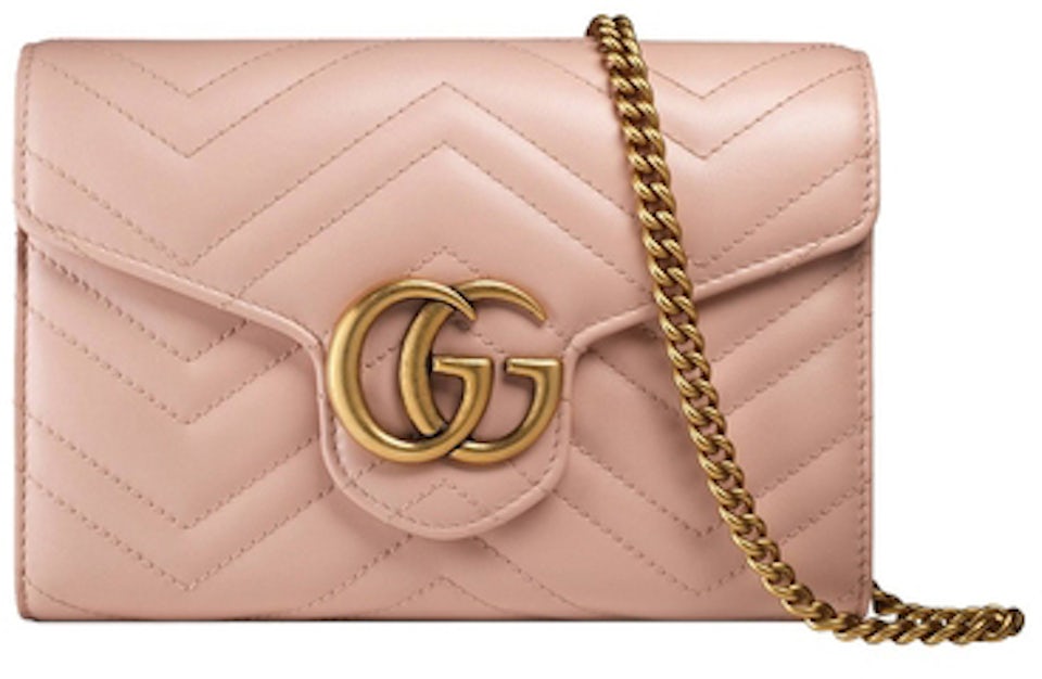 Gucci GG Marmont Chain Wallet Matelasse Mini Soft Pink in Leather with  Antique Gold-tone - US