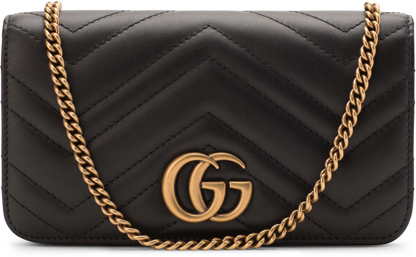 Gucci GG Marmont Crossbody Chain Wallet Matelasse Black in Leather with  Antique Goldtone - US