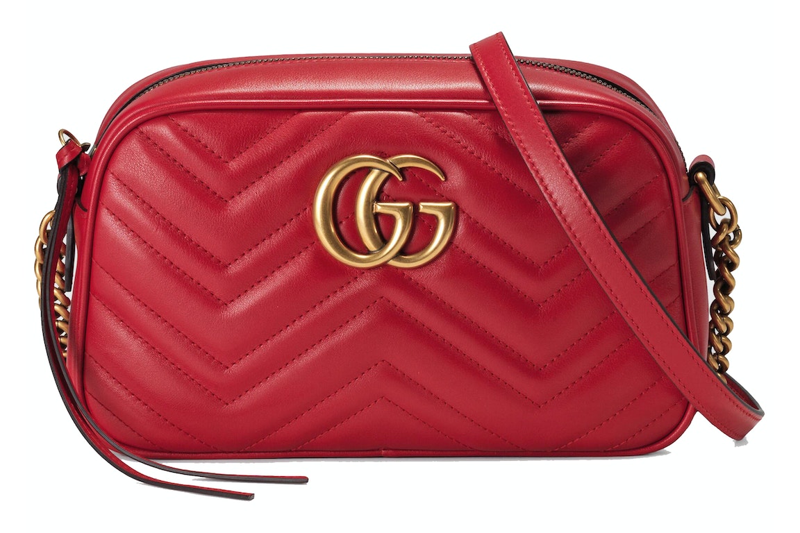 Pre-owned Gucci Gg Marmont Matelassé Shoulder Bag Small Hibiscus Red