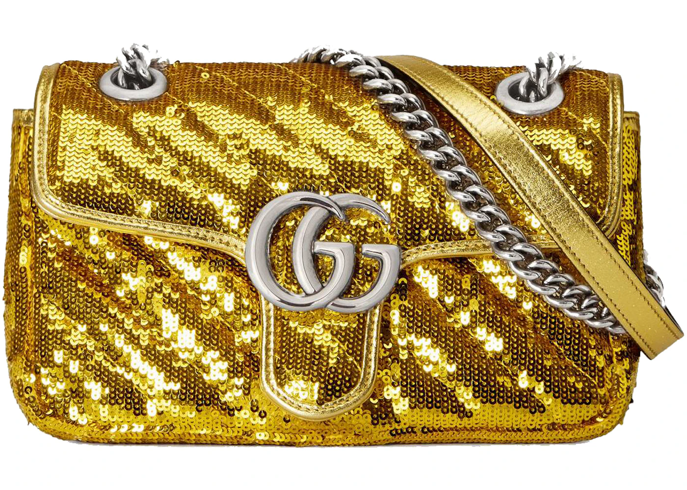 Gucci Gg Marmont Mini Sequin Shoulder Bag Gold In Silk With Silver Tone Gucci Gg Marmont Mini Sequin Shoulder Bag Gold In Silk With Silver Tone