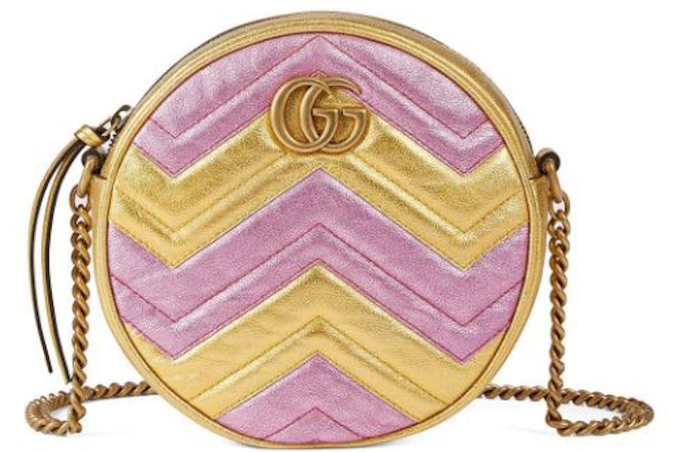Gucci Gg Marmont Round Shoulder Bag Matelasse Metallic Gold Pink In Leather With Antique Gold Tone Gucci Gg Marmont Round Shoulder Bag Matelasse Metallic Gold Pink In Leather With Antique Gold Tone
