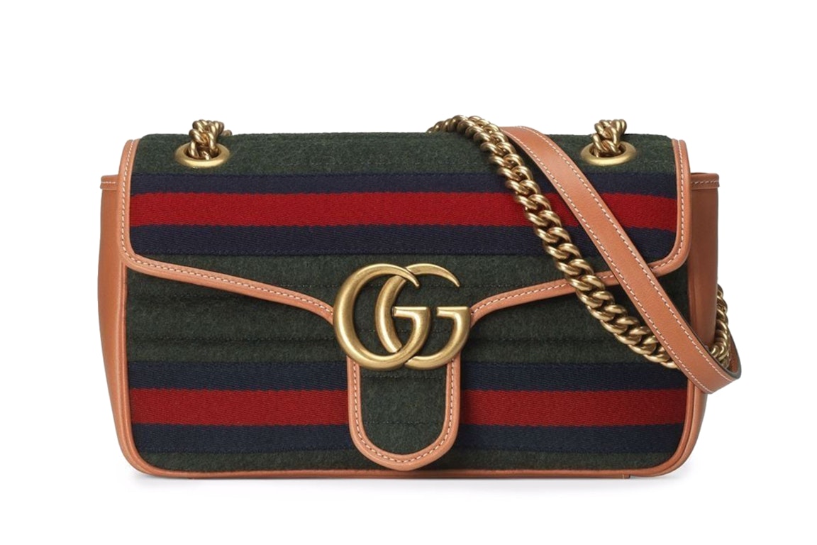 Pre-owned Gucci Gg Marmont Shoulder Bag Mini Striped Dark Green/brown